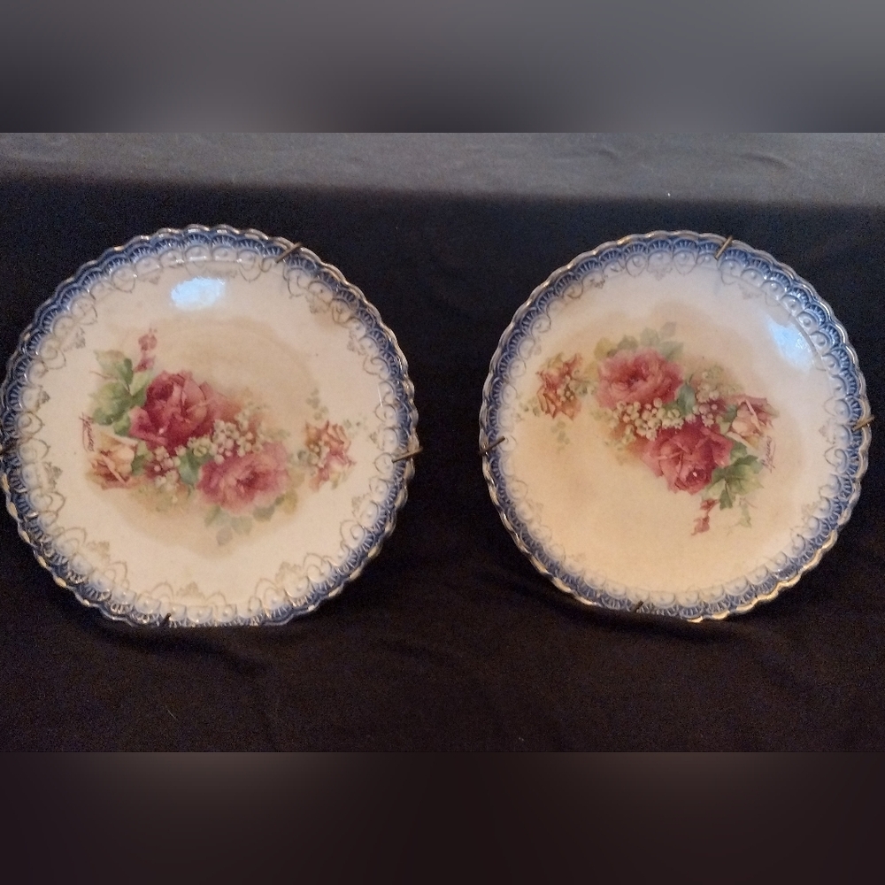 Antique Sterling China Blooming Roses Plates 6" Pink Cream Roses Blue Signed